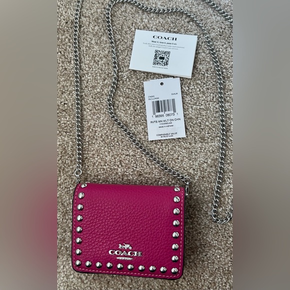 Coach Wallet Crossbody Pink Rivets Chain CN355 Pink Silver RVTS MN WLT ON CHN - Picture 2 of 8